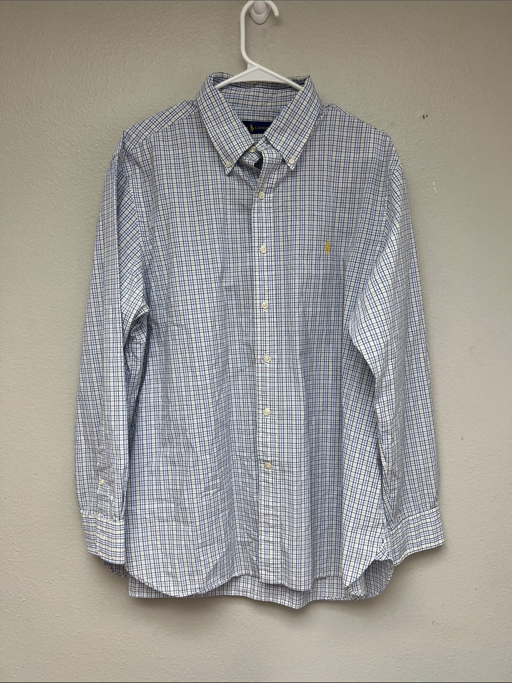 Ralph Lauren Blue and White Plaid Button-Down Dress Shirt Mens Polo Size XL